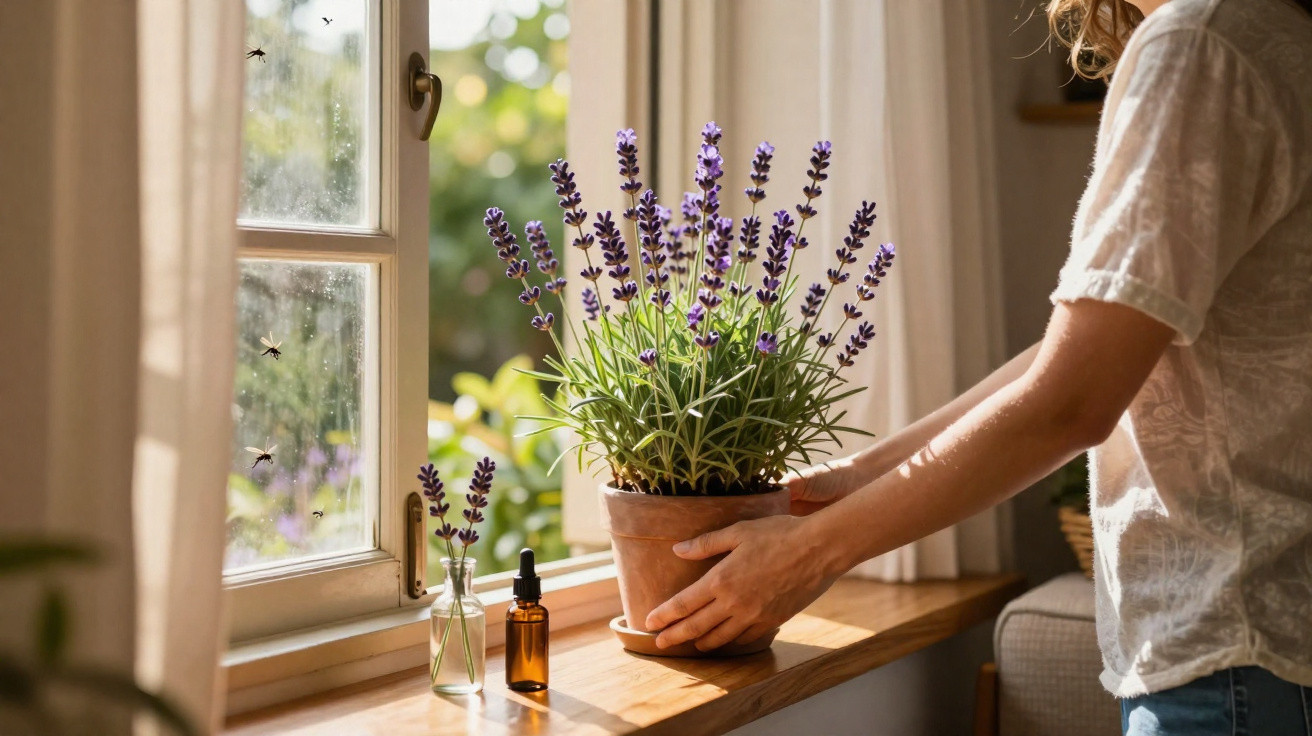 Pessoa a colocar vaso de lavanda numa janela com luz natural e frascos pequenos ao lado.