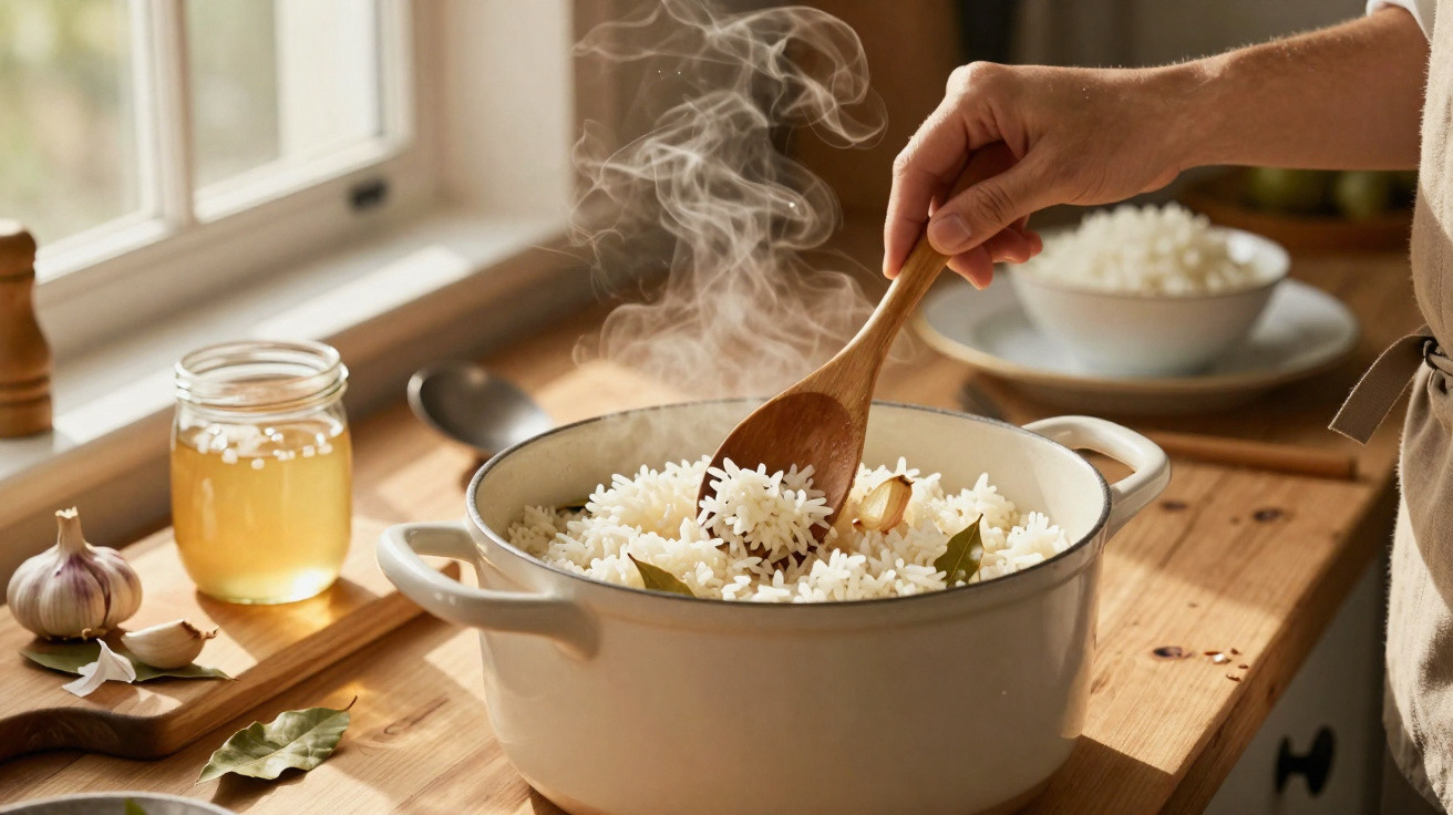 Mão mexe arroz quente numa panela branca na cozinha, com alho, folhas e jarra de líquido na bancada.