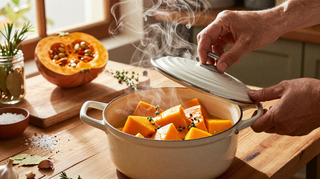 Mãos a retirar tampa de panela com pedaços de abóbora a cozinhar com ervas num ambiente de cozinha iluminada.