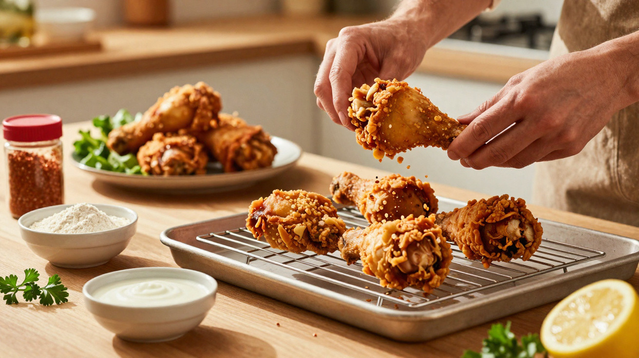 Mãos a preparar pernas de frango frito crocante sobre grelha numa bancada de cozinha com molhos e ingredientes.