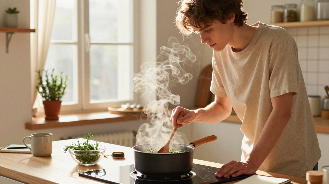 Jovem a cozinhar numa panela a ferver numa cozinha iluminada pela luz natural da janela.