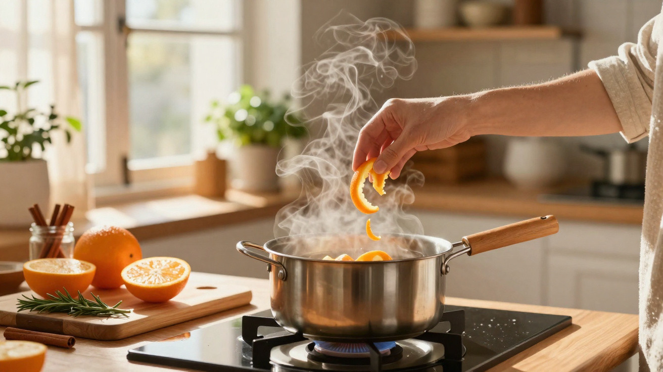 Mão a adicionar cascas de laranja num tacho a ferver numa cozinha luminosa e acolhedora.
