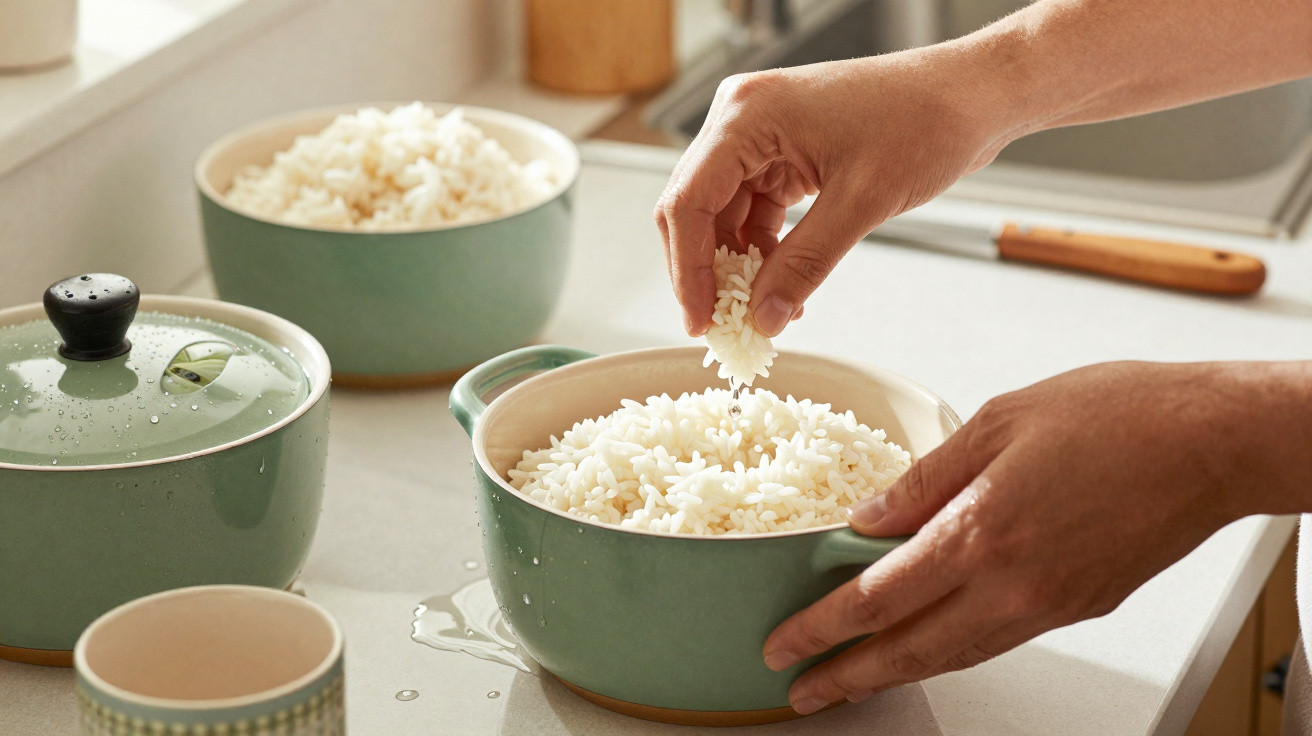 Mãos a pegar arroz cozido em tacho verde numa bancada de cozinha com utensílios à volta.
