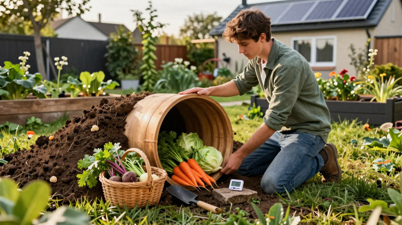 Jovem colhe cenouras e couves num jardim com cesta de legumes e terra ao lado, perto de uma casa.