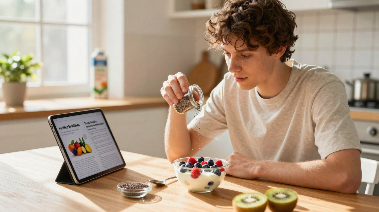 Jovem a polvilhar chia sobre iogurte com frutos vermelhos, lendo receita num tablet na cozinha.