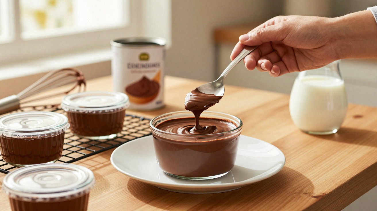 Colher retira creme de chocolate de tigela, com potes de chocolate e leite ao fundo numa mesa de madeira.