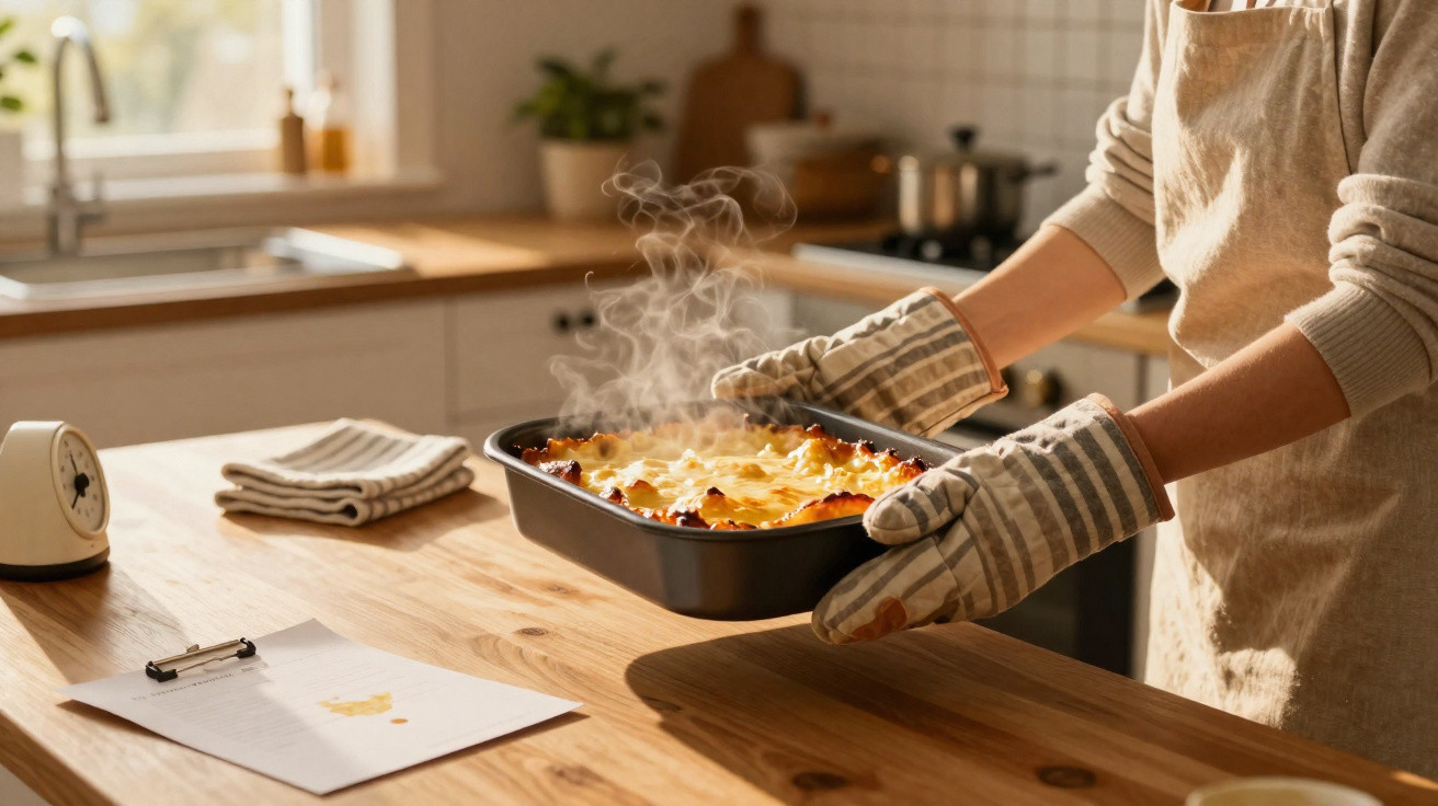 Pessoa de avental a retirar uma travessa quente com lasanha fumegante numa cozinha moderna e iluminada.