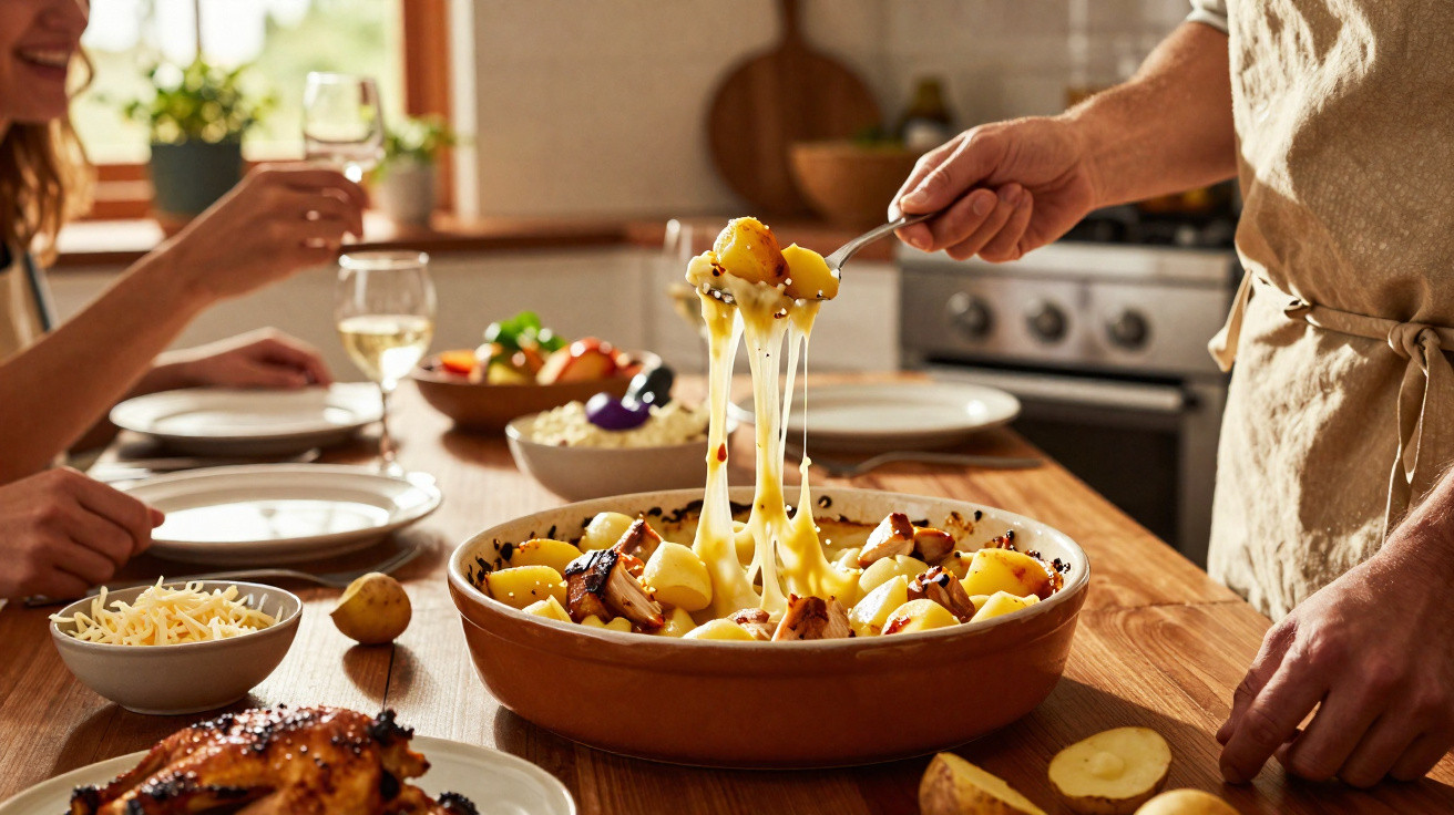 Prato de batatas com queijo derretido e pedaços de carne servido numa mesa de madeira com pessoas à volta.