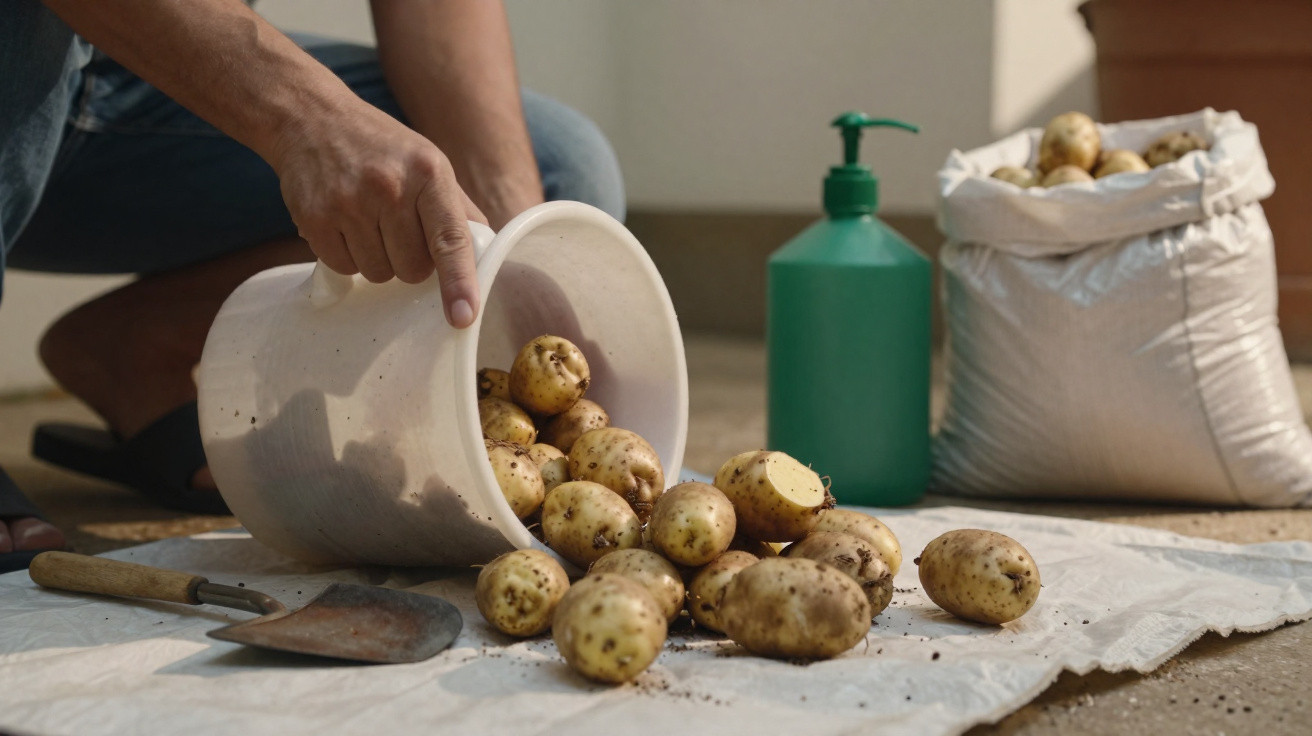 Pessoa a despejar batatas sujas dum balde branco para um pano no chão, com saco e regador ao fundo.