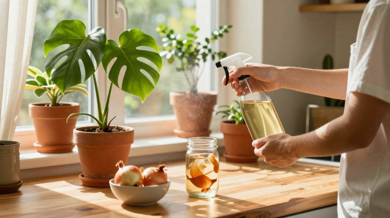Pessoa a regar planta com pulverizador numa bancada de madeira junto a janela com luz natural.