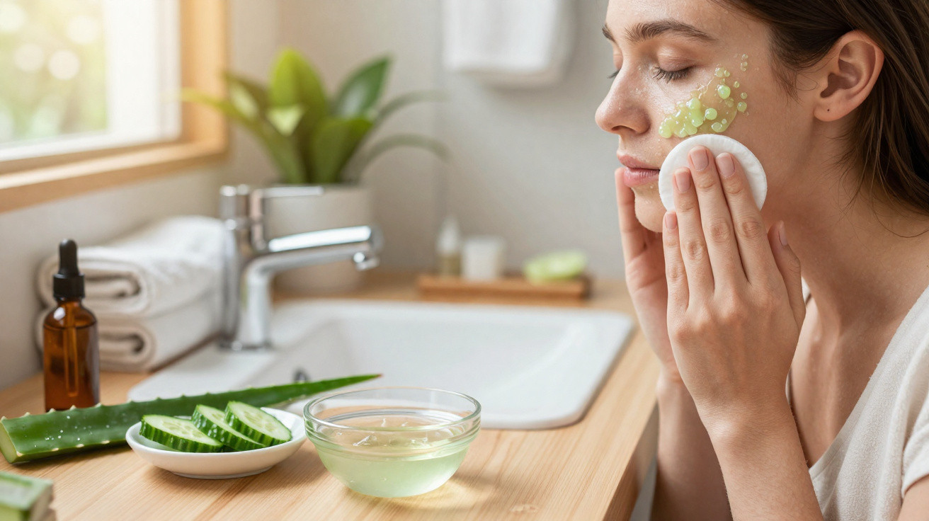 Mulher aplica tónico facial com algodão, com produtos naturais ao lado numa casa de banho iluminada.