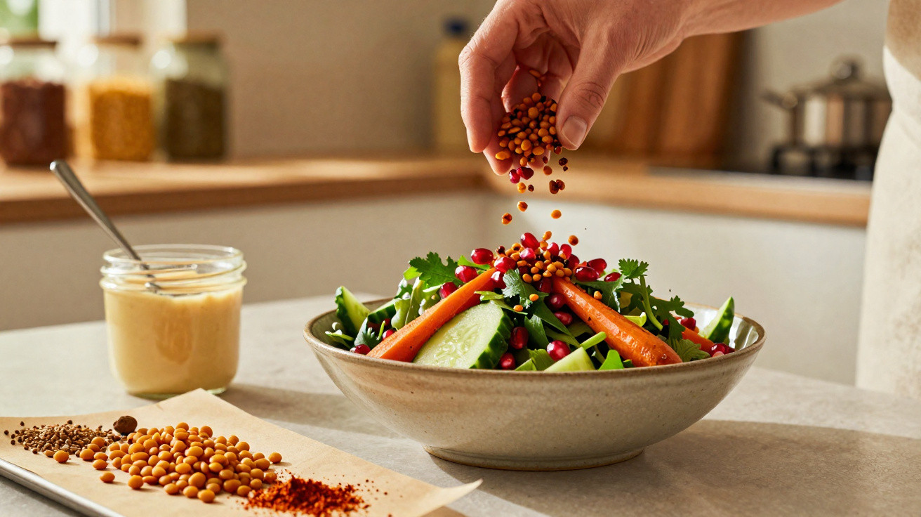 Pessoa a polvilhar sementes numa salada com cenoura, pepino e coentros numa cozinha moderna.