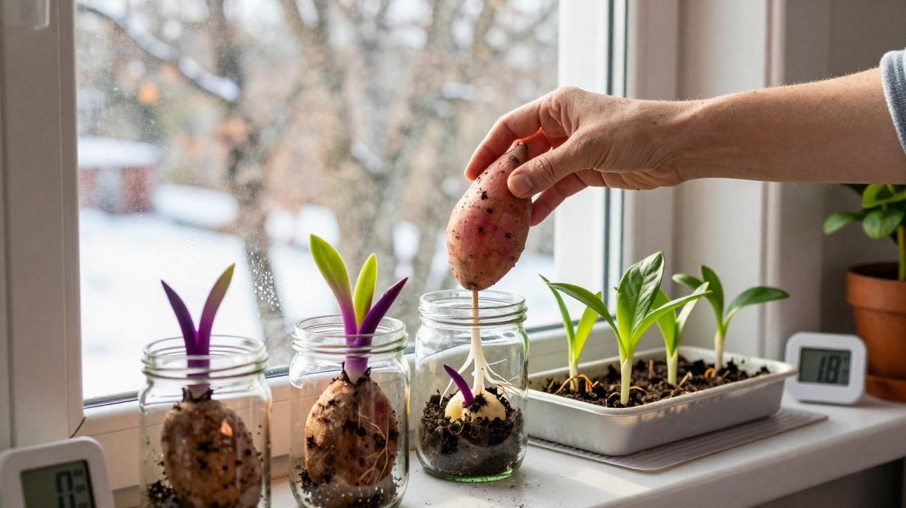 Mãos a plantar batatas doces em frascos com terra numa janela com vista para exterior.