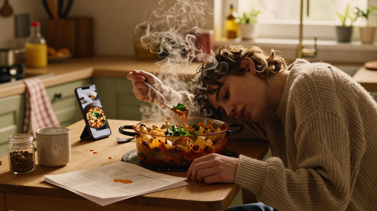 Pessoa a cozinhar pasta fumegante numa cozinha, a seguir receita num telemóvel apoiado na mesa.