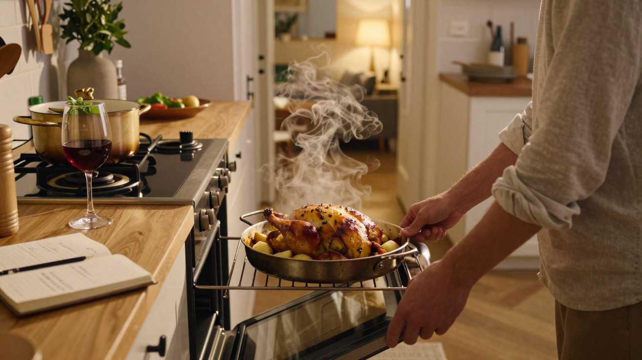 Pessoa a retirar frango assado fumegante do forno na cozinha moderna com copo de vinho tinto ao lado.
