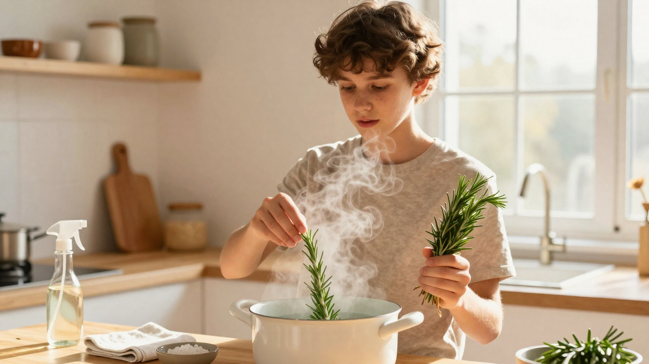Criança a cozinhar numa cozinha luminosa, colocando raminhos de alecrim numa panela a fumegar.