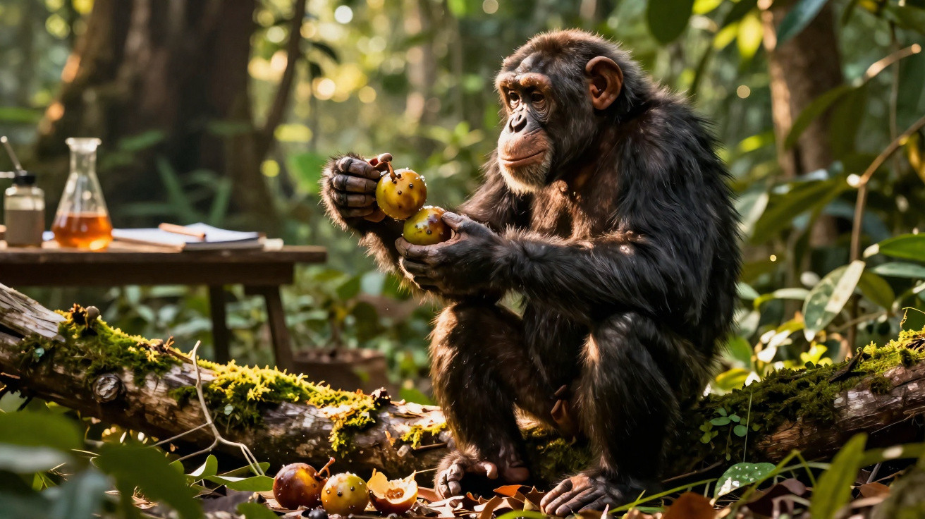 Chipanzé sentado numa árvore na floresta, a segurar frutos amarelos nas mãos.