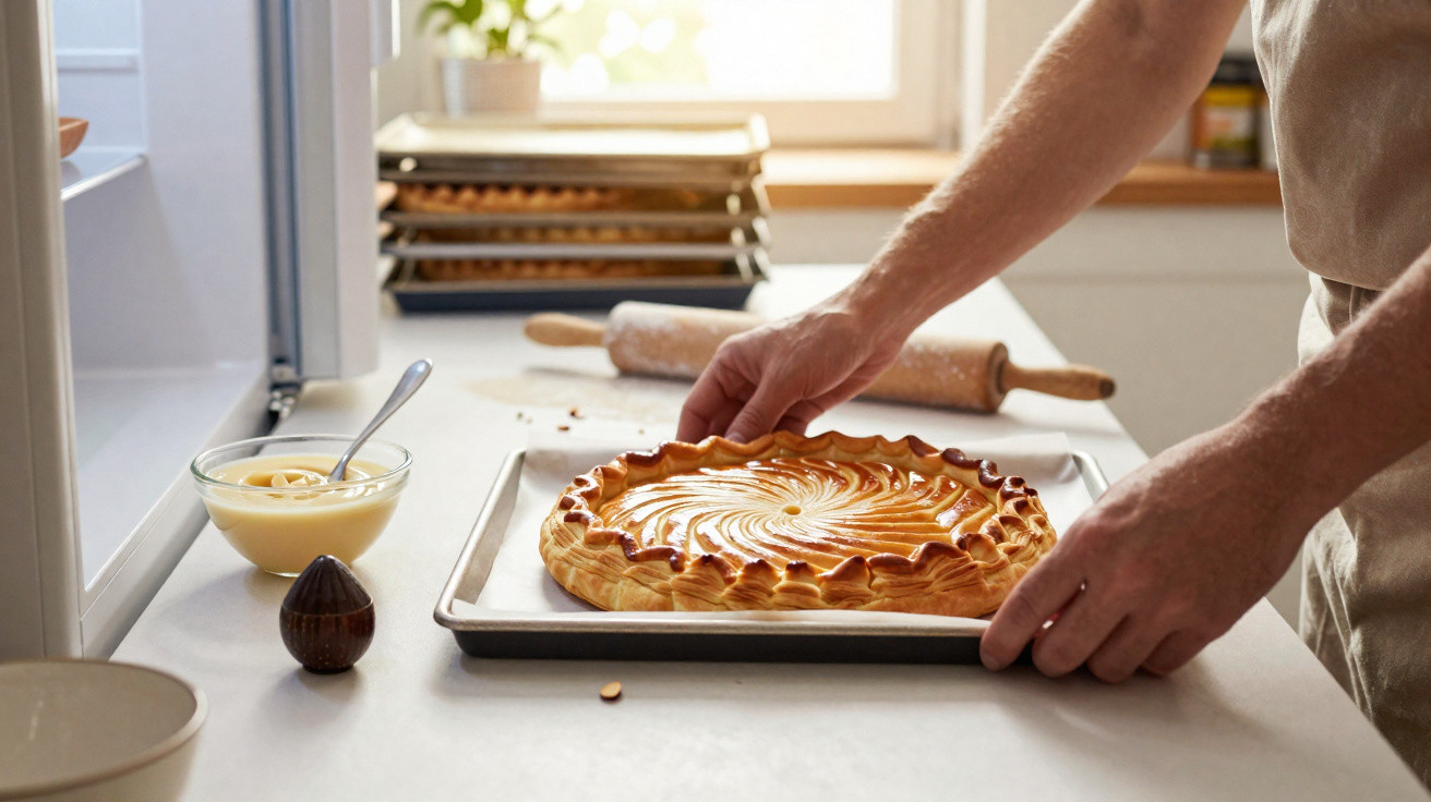 Pessoa a colocar tarte acabada de assar numa bancada de cozinha com rolo de massa ao fundo.