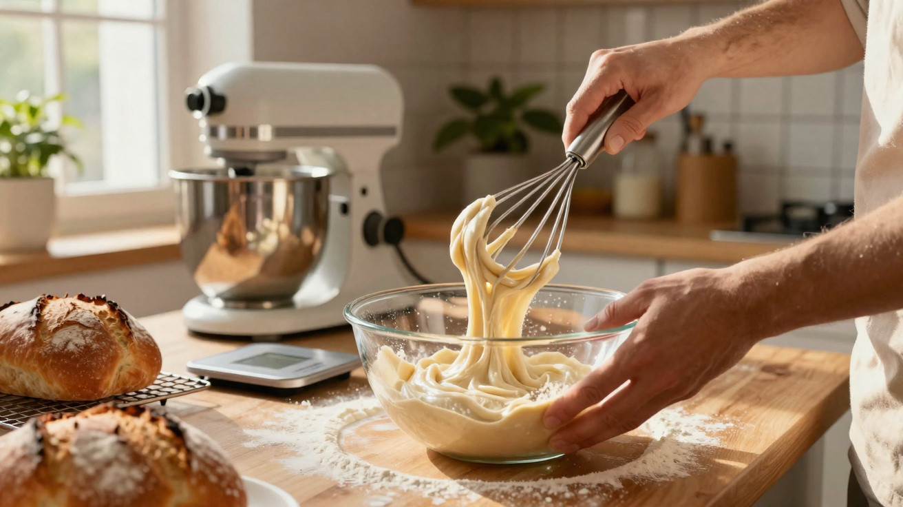 Pessoa misturando massa numa tigela de vidro numa cozinha com pão caseiro ao lado.