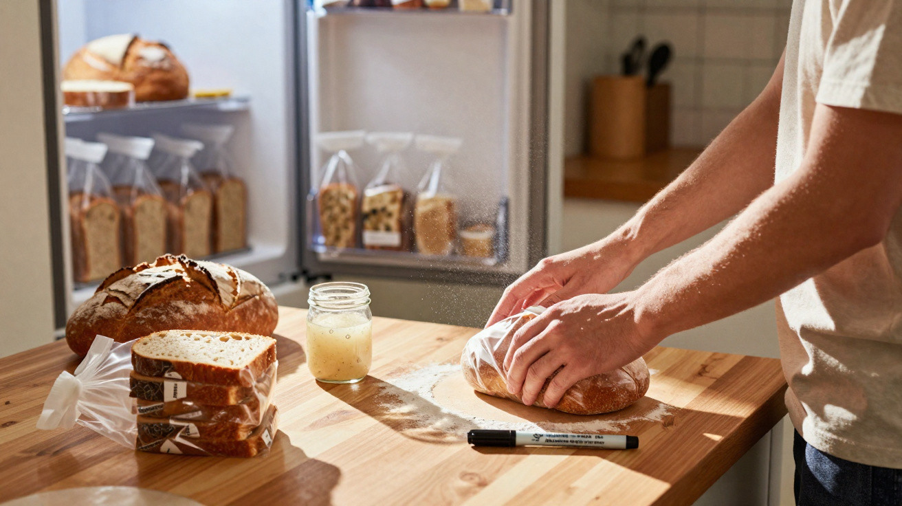 Pessoa amassando massa de pão numa bancada com pães e ingredientes numa cozinha iluminada.