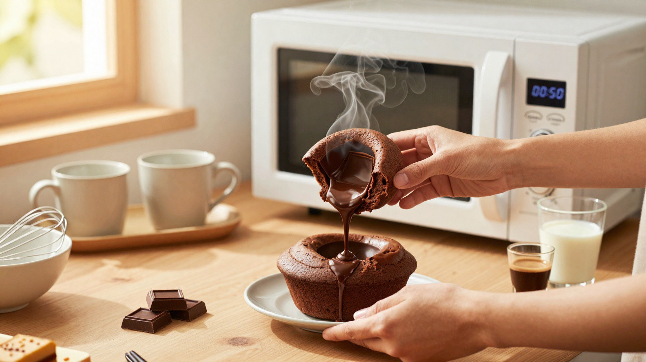 Mão a abrir um bolo de chocolate quente com recheio derretido, sobre prato branco numa mesa de madeira.