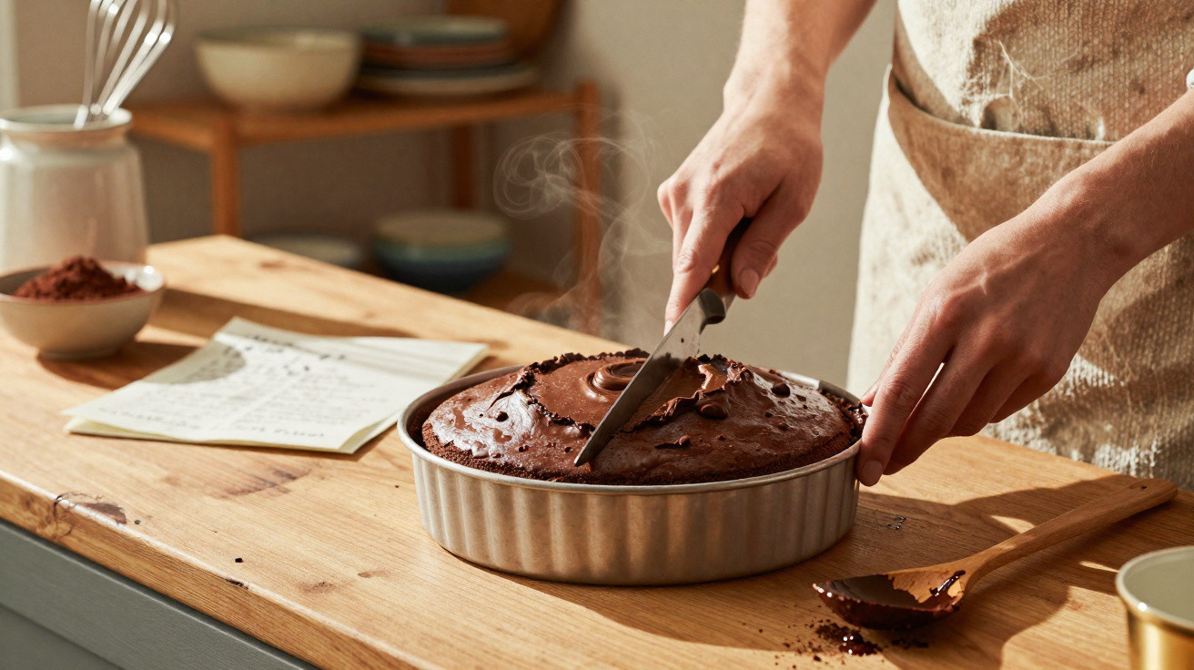 Pessoa a cortar um bolo de chocolate fresco fumegante numa cozinha com receita e ingredientes ao lado.