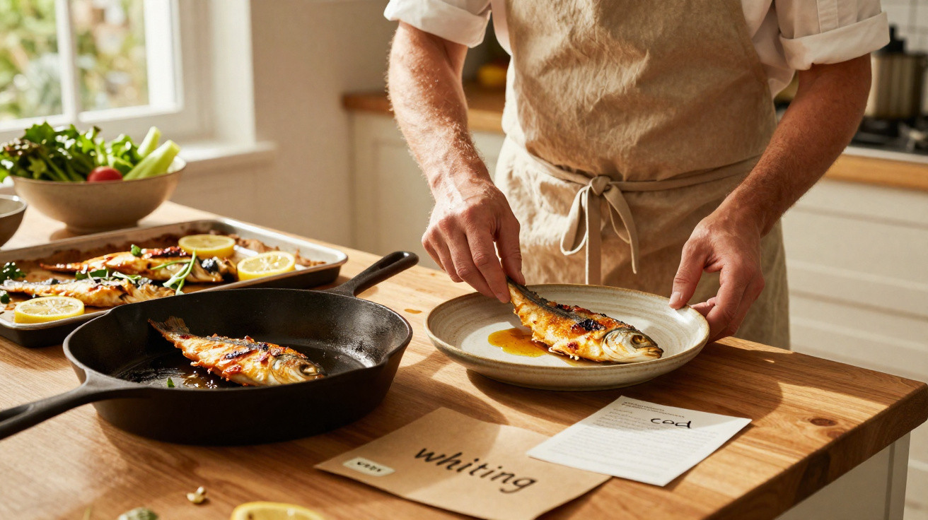 Pessoa a servir peixe grelhado num prato numa cozinha com frigideira e comida numa travessa ao fundo.