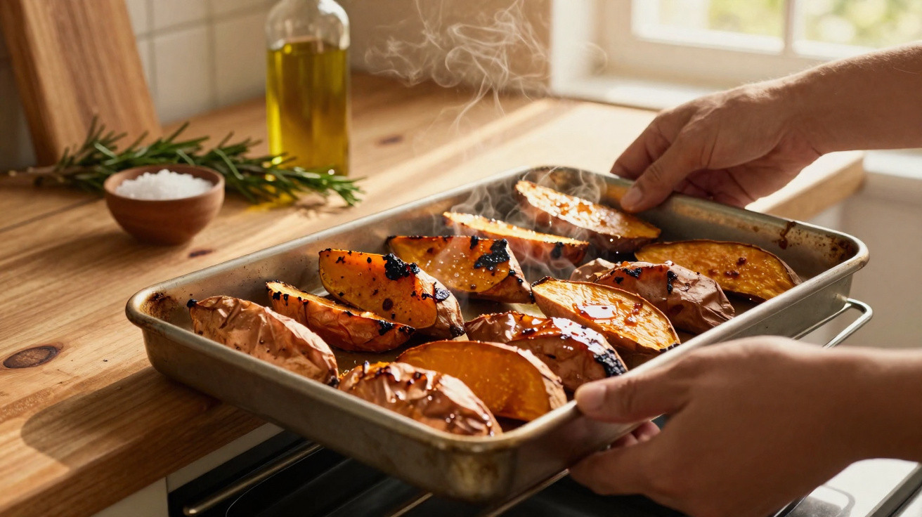 Pessoa a retirar assadeira com batatas-doces assadas fumegantes do forno numa cozinha iluminada.