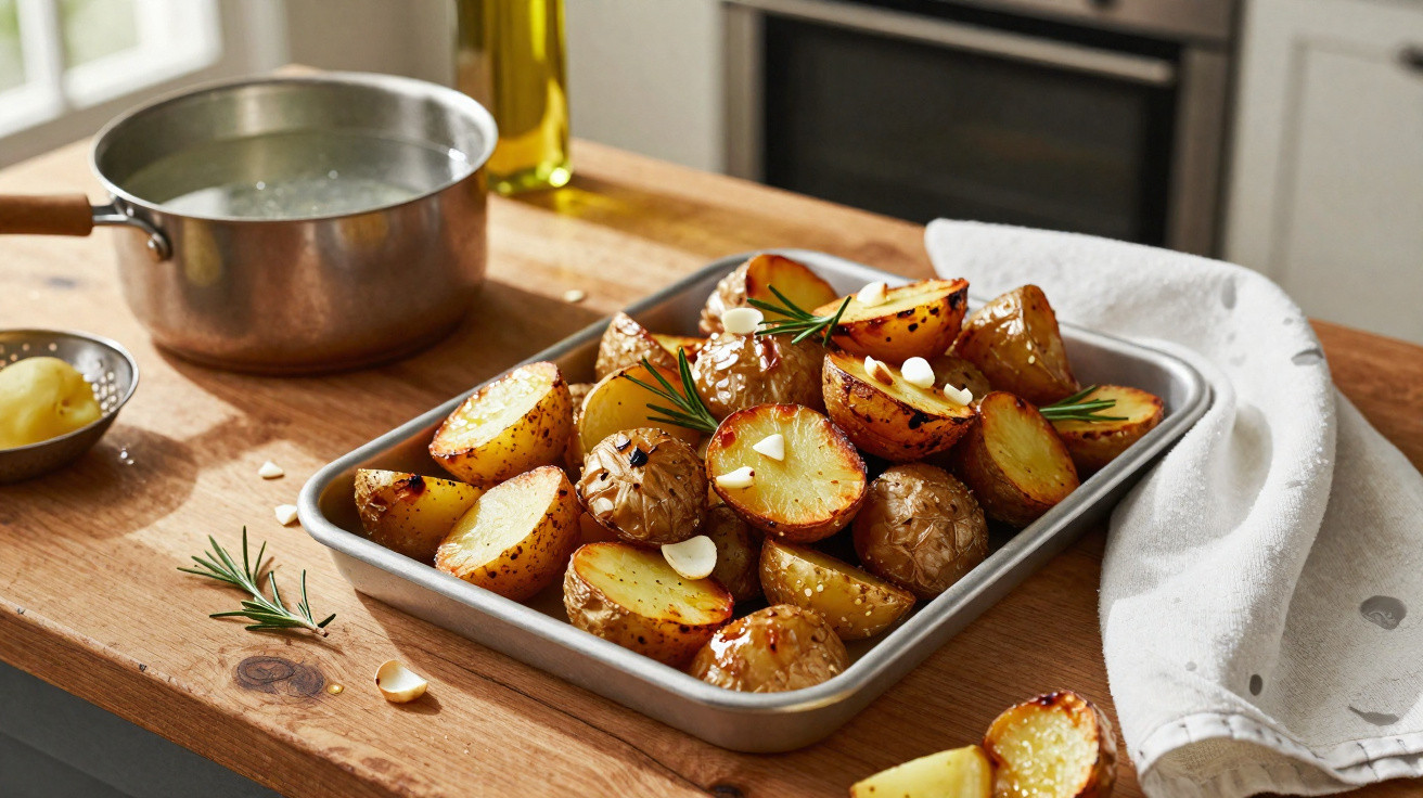 Batatas assadas com alecrim e alho numa tabuleiro metálico, sobre banco de madeira numa cozinha.