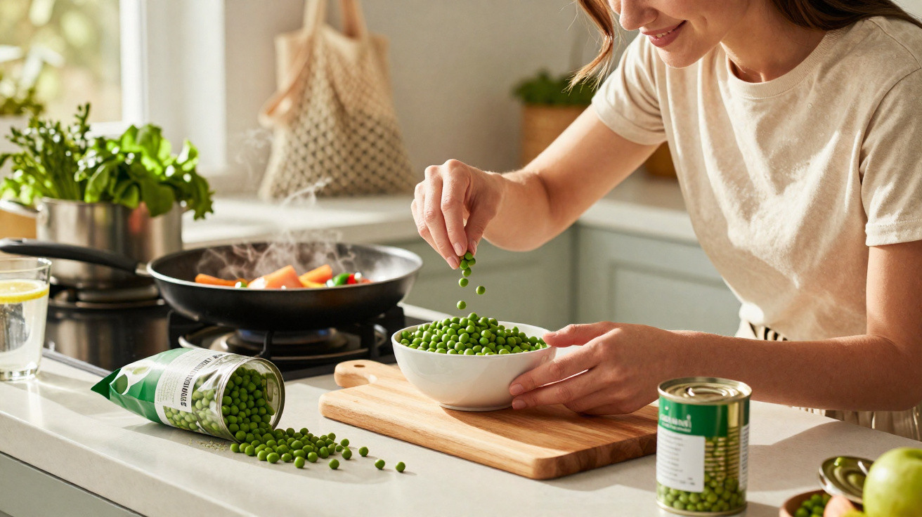 Mulher cozinha ervilhas verdes frescas numa cozinha moderna e iluminada durante o dia.