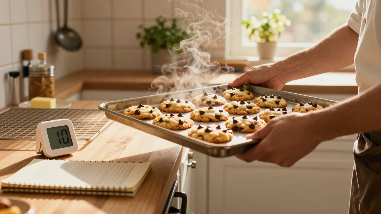 Pessoa a tirar do forno um tabuleiro com bolachas quentes e fumegantes com gotas de chocolate numa cozinha iluminada.