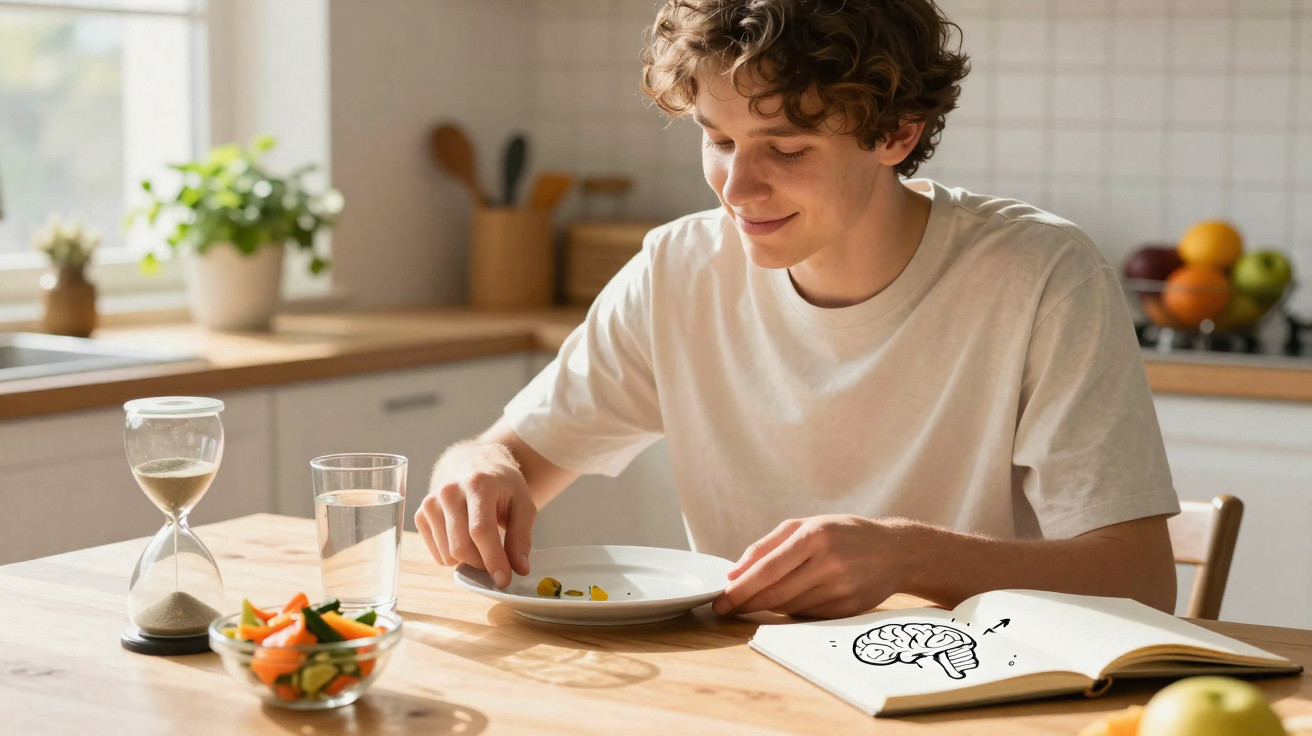Jovem sentado à mesa com pouca comida no prato e livro com desenho de cérebro aberto à sua frente.