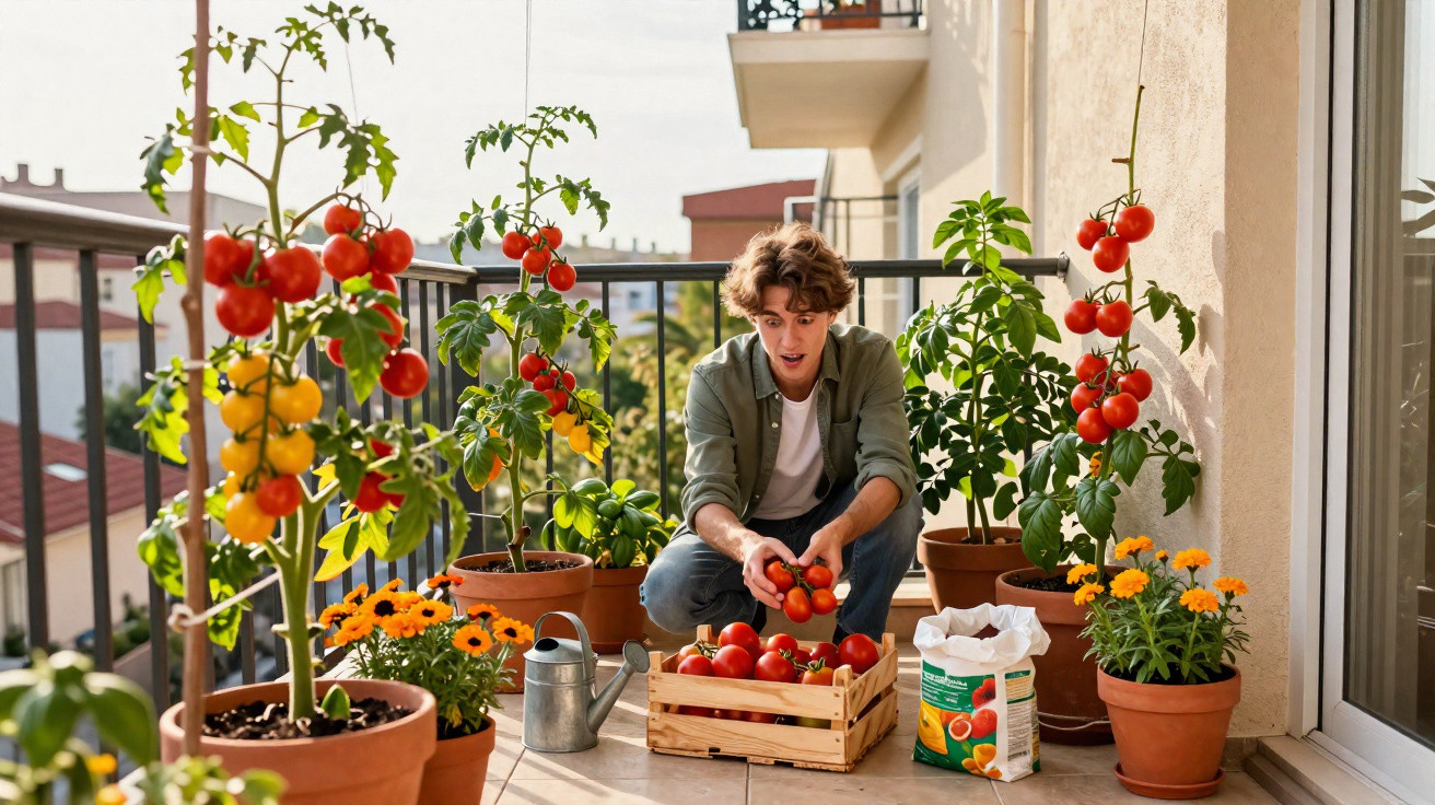 Jovem a colher tomates maduros em vaso numa varanda com várias plantas e flores e caixas de legumes.