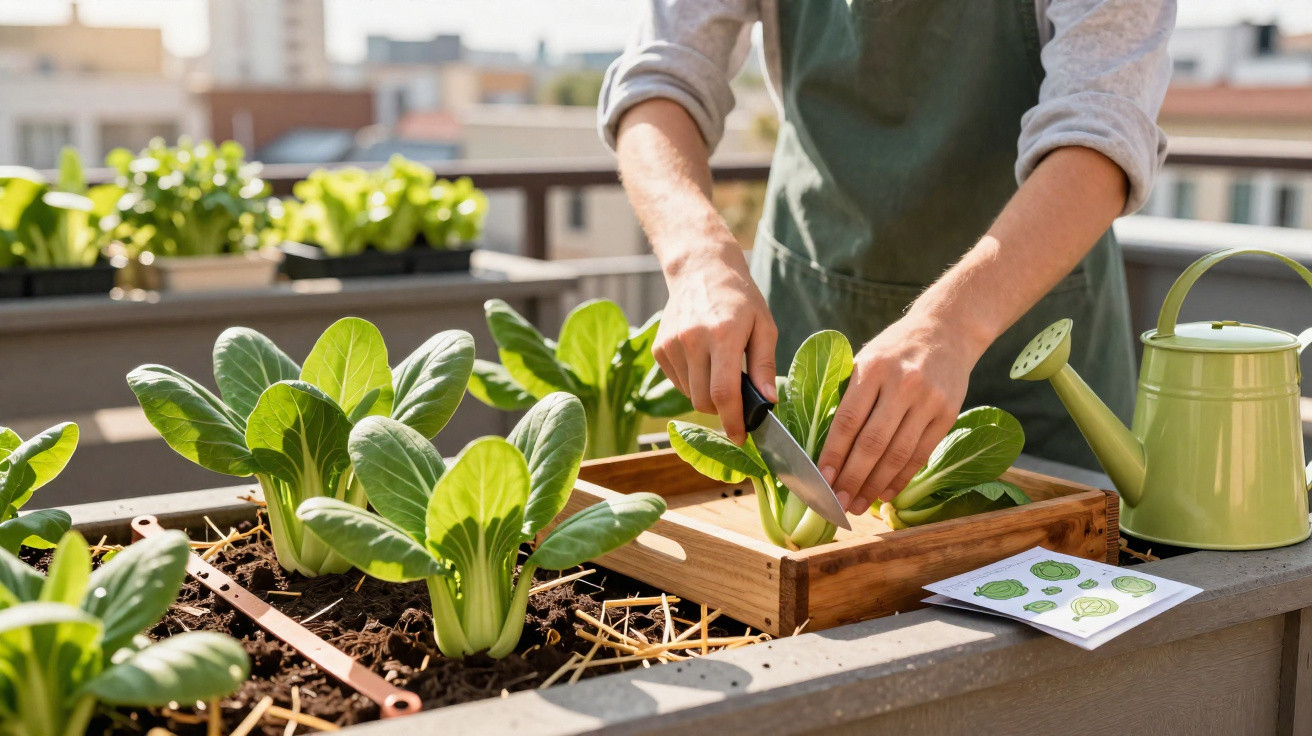 Pessoa a colher plantas de hortaliças verdes numa horta urbana com regador e manual ao lado.