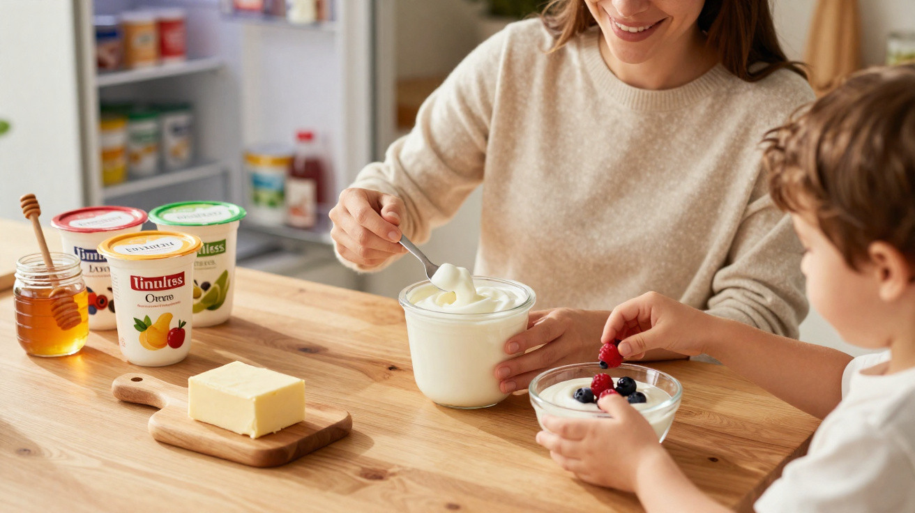 Mulher e criança a preparar iogurte com frutos vermelhos numa cozinha acolhedora.