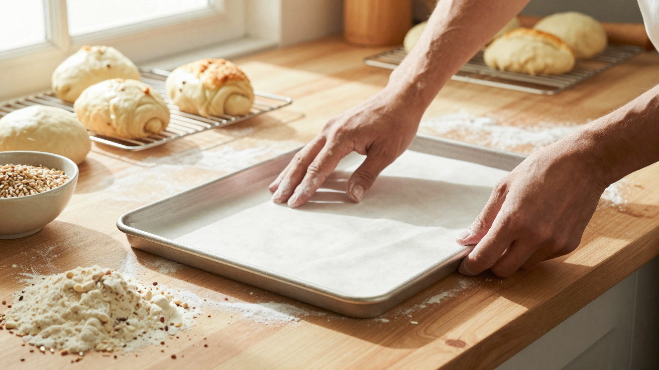 Mãos a preparar tabuleiro com papel vegetal numa cozinha com pão fresco e farinha sobre a mesa de madeira.