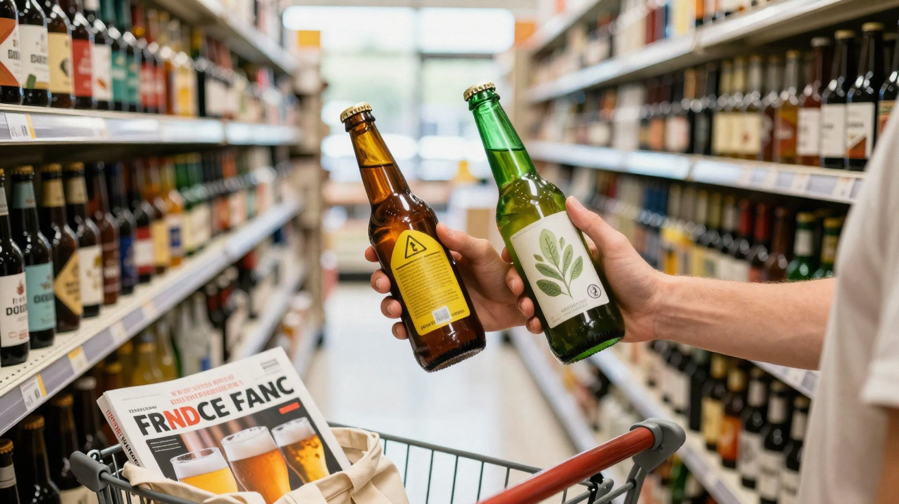Pessoa compara duas garrafas de cerveja num supermercado, com carrinho e revista à frente.