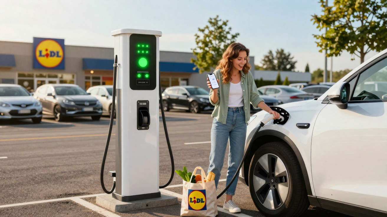 Mulher a carregar carro elétrico numa estação de carregamento no parque de estacionamento Lidl, segurando telemóvel.