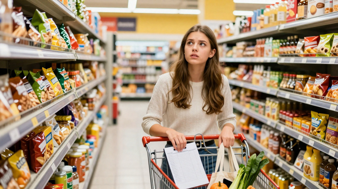 Mulher jovem a fazer compras num supermercado, empurrando um carrinho com legumes e lista de compras.
