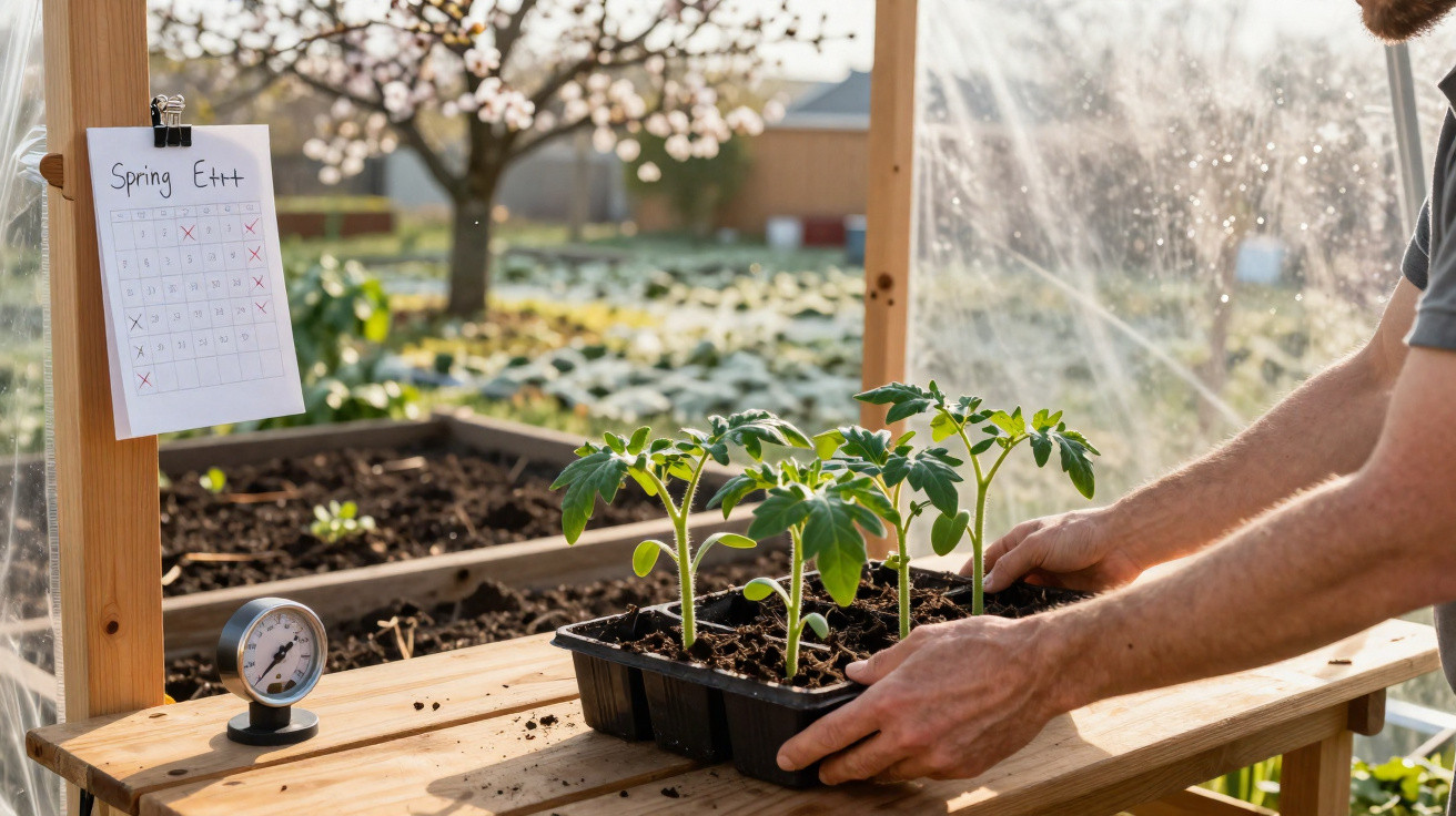 Pessoa a cuidar de plantas jovens numa estufa com termómetro e calendário na parede, luz natural.