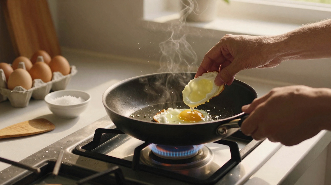 Mãos a cozinhar um ovo estrelado numa frigideira sobre fogão a gás com caixas de ovos e sal na bancada.