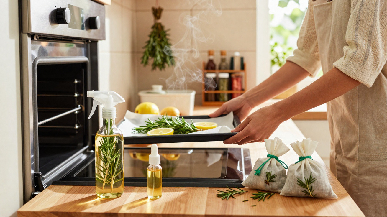 Mãos a retirar tabuleiro do forno com alecrim e limão, spray e frascos de óleo aromático na bancada da cozinha.