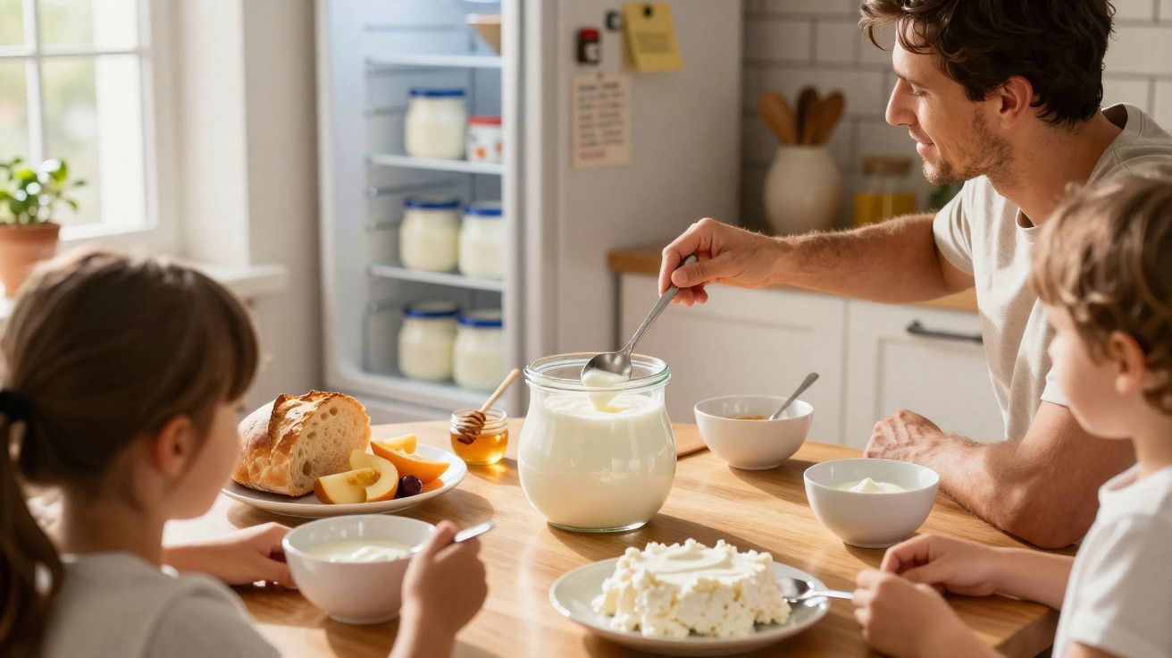 Pai e filhos sentados à mesa, comendo iogurte e frutas num pequeno-almoço em cozinha iluminada.
