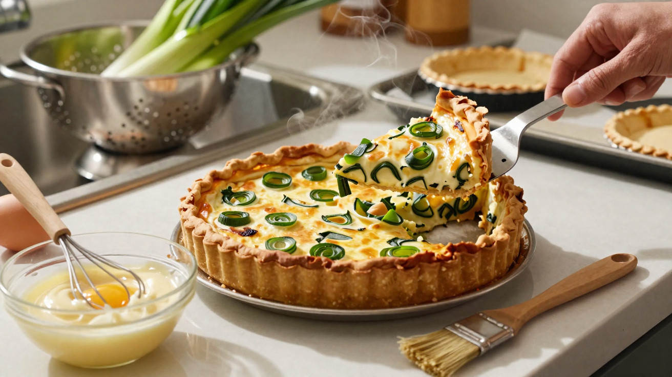 Quiche fumegante com cebolinho a ser servida numa cozinha com utensílios de preparação à volta.