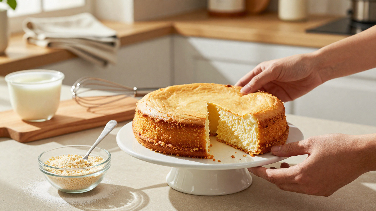 Pessoa a segurar bolo de queijo cremoso numa base branca numa superfície de cozinha com ingredientes ao fundo.