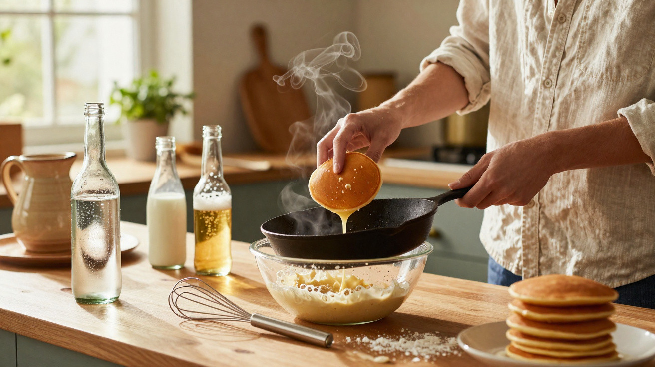 Pessoa a verter massa para panquecas numa frigideira numa cozinha iluminada com garrafas e panquecas empilhadas à vista.