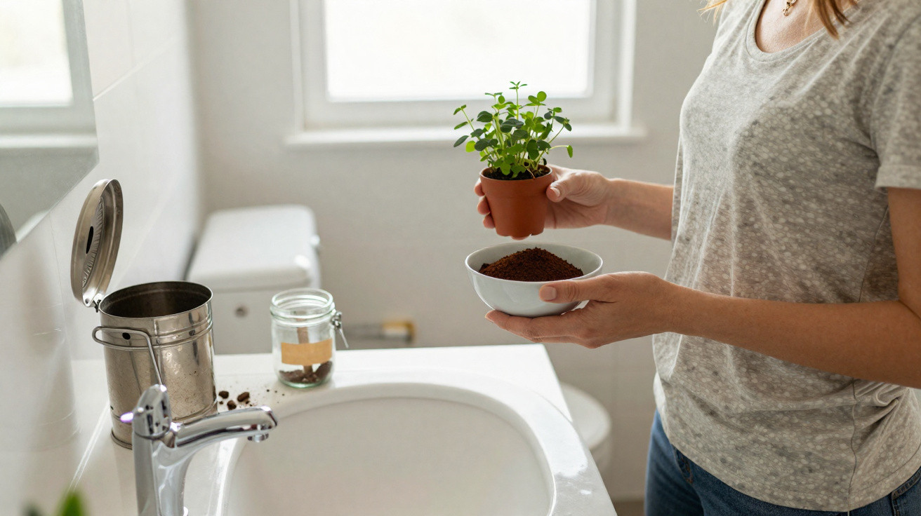 Pessoa a transplantar uma planta pequena num vaso, enquanto segura terra num recipiente branco, numa casa de banho.