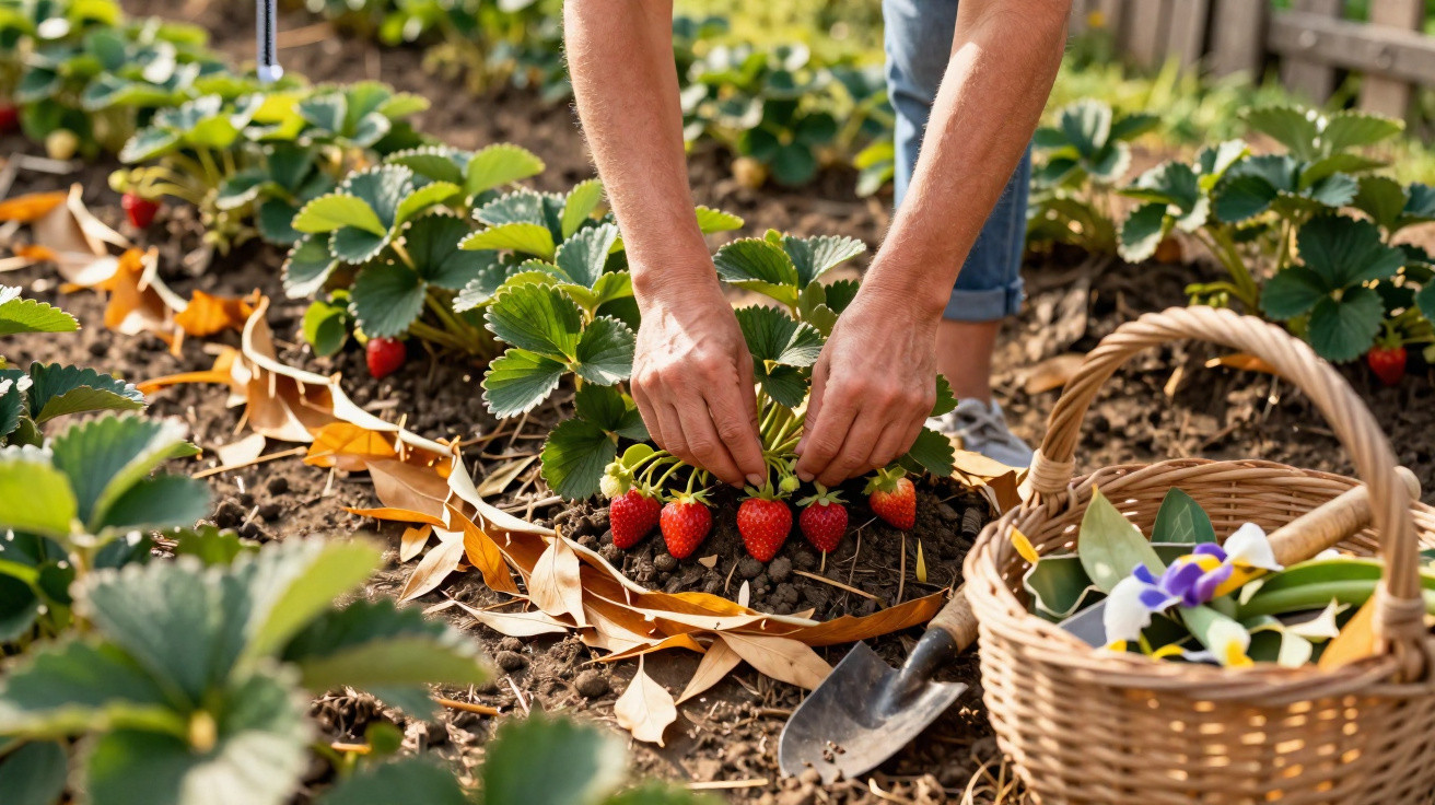 Mãos colhem morangos maduros numa plantação, com cesta de vime e ferramentas de jardinagem ao lado.