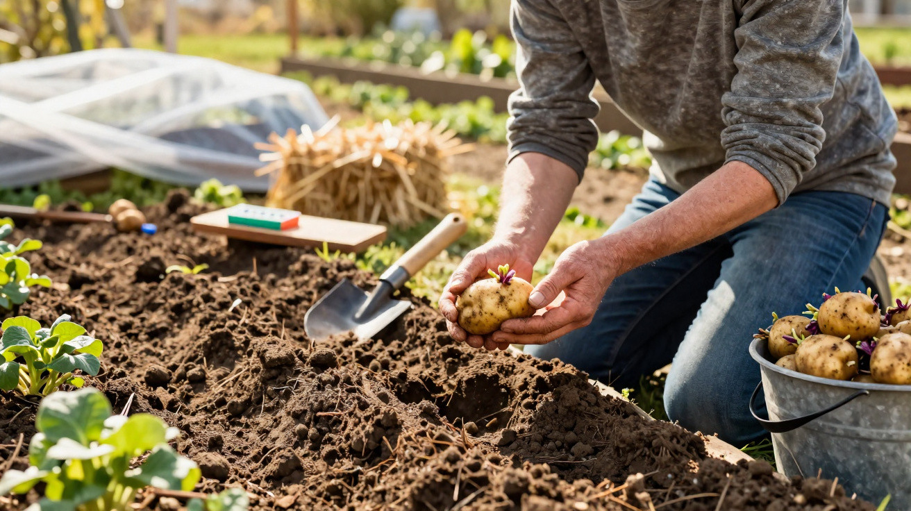 Pessoa a cultivar batatas com brotos num terreno de horta com utensílios de jardinagem ao lado.