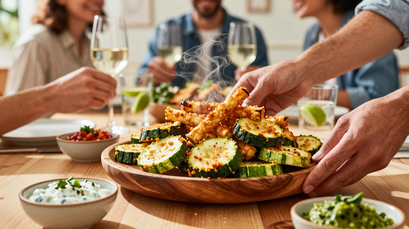 Prato de legumes grelhados e pão servido numa mesa com pessoas a partilhar refeição e bebidas.